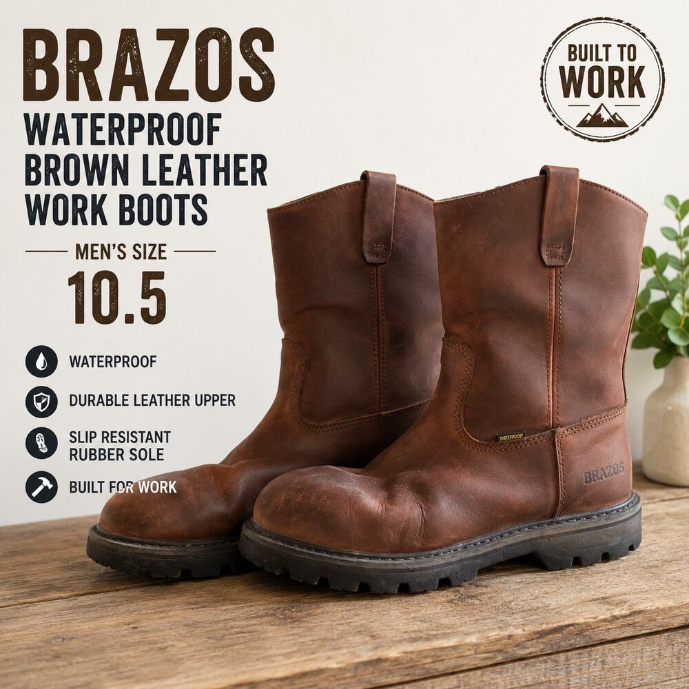 Brazos Waterproof Leather Pull On Work Boots Men’s 10.5 Brown Oil Resistant